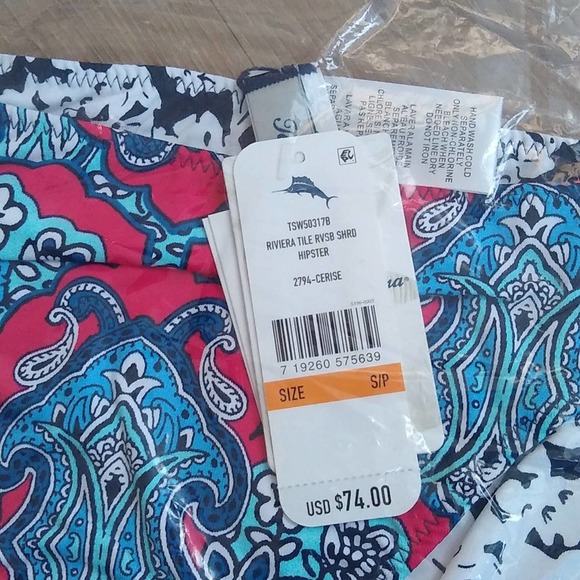 Tommy Bahama Riviera Tiles Reversible Side-Shirred Hipster Bikini Bottom Cerise - Picture 6 of 7